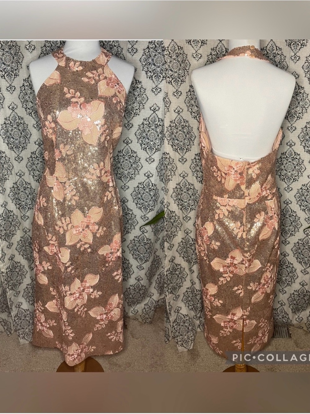 Dress the Population Rose Gold Floral Sequin Halter Backless Midi Dress